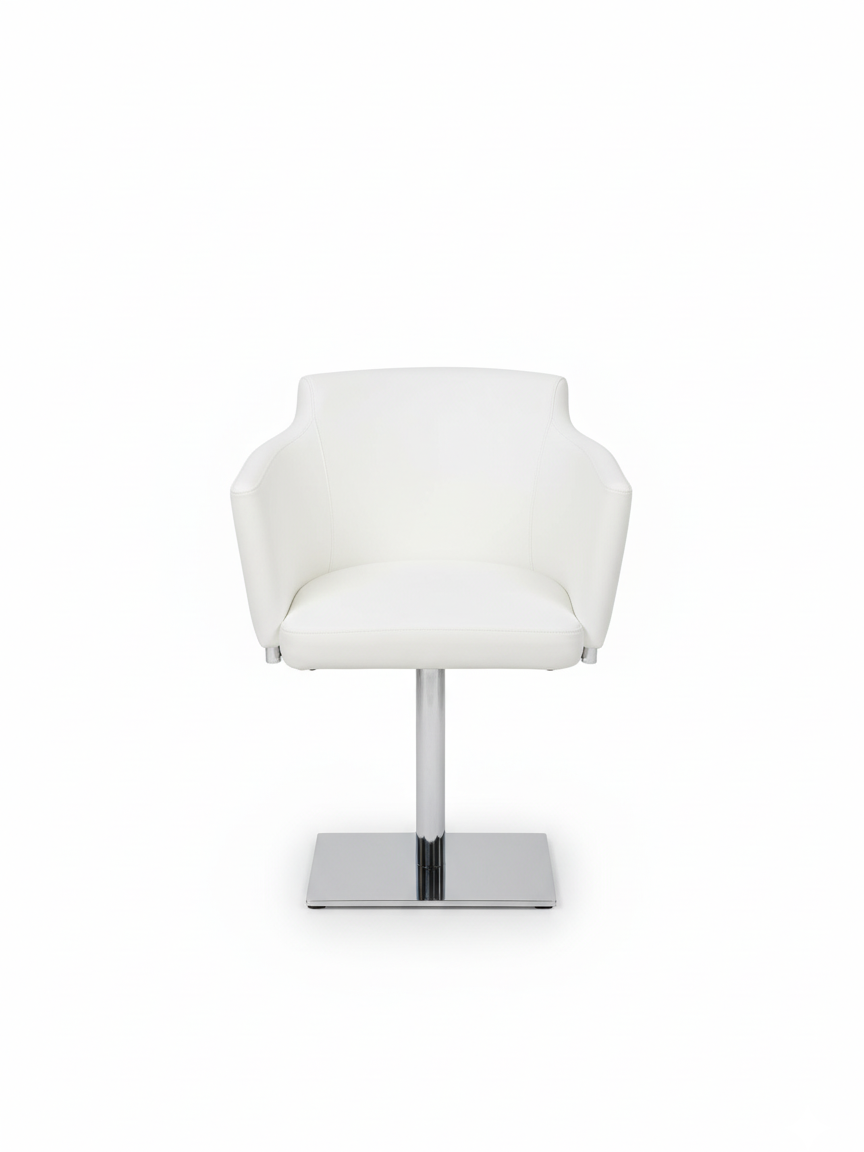COMPI swivel armchair in immaculate white leather on a sleek polished chrome column base