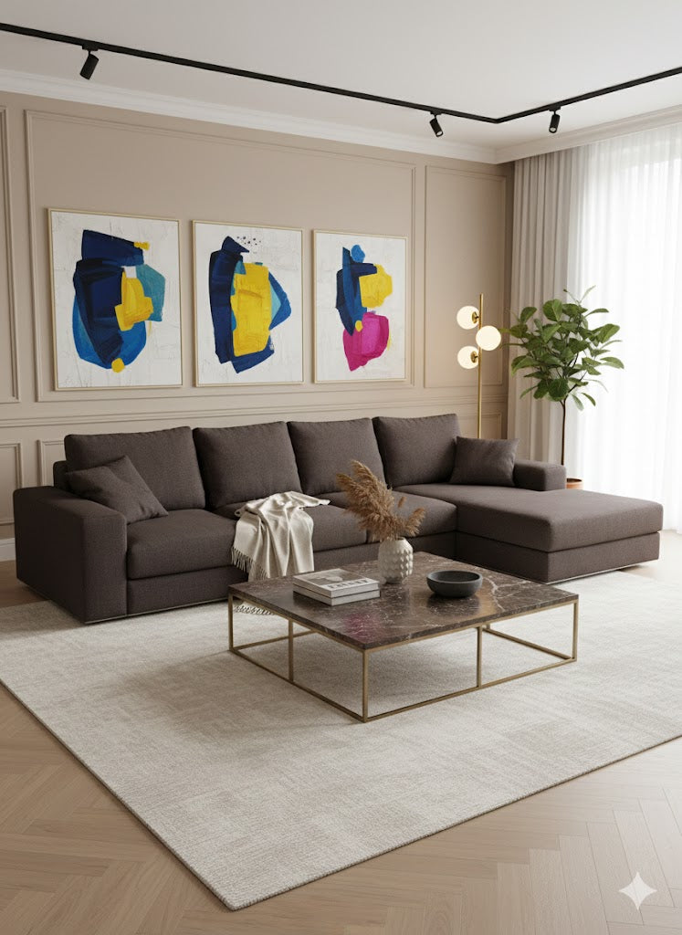 CUADRO modular corner sofa (355cm) with left-arm loveseat and right-arm chaise longue, upholstered in practical washable dark grey fabric