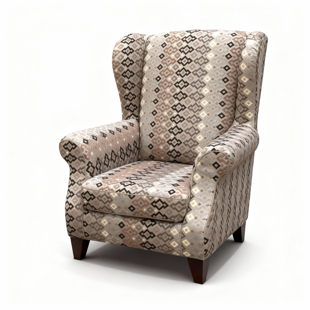 Classic "Caleido" wingback armchair with a high back, upholstered in a tribal geometric pattern fabric in shades of beige, taupe, and brown, resting on dark wood legs.