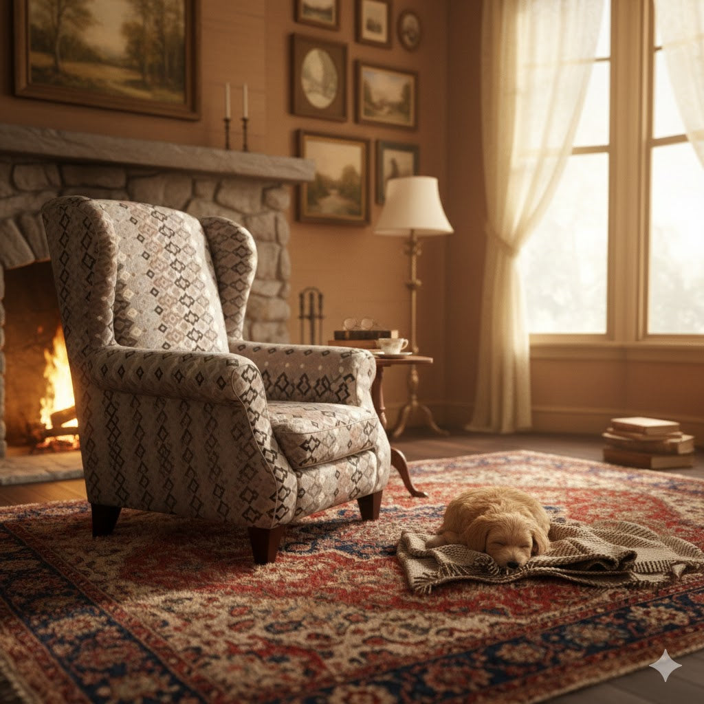 Classic "Caleido" wingback armchair with a high back, upholstered in a tribal geometric pattern fabric in shades of beige, taupe, and brown, resting on dark wood legs.
