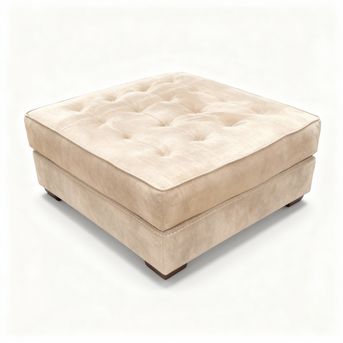 Square champagne tufted ottoman in soft velvet-style fabric