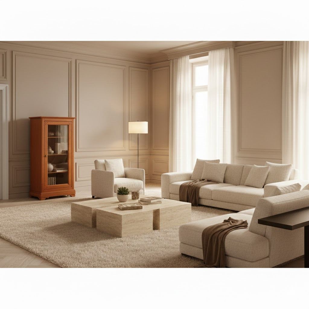 Charm of Yesteryear" bonnetière cabinet (60x37x133cm) in light cherry wood finish with a glass-paneled door and internal shelves for 