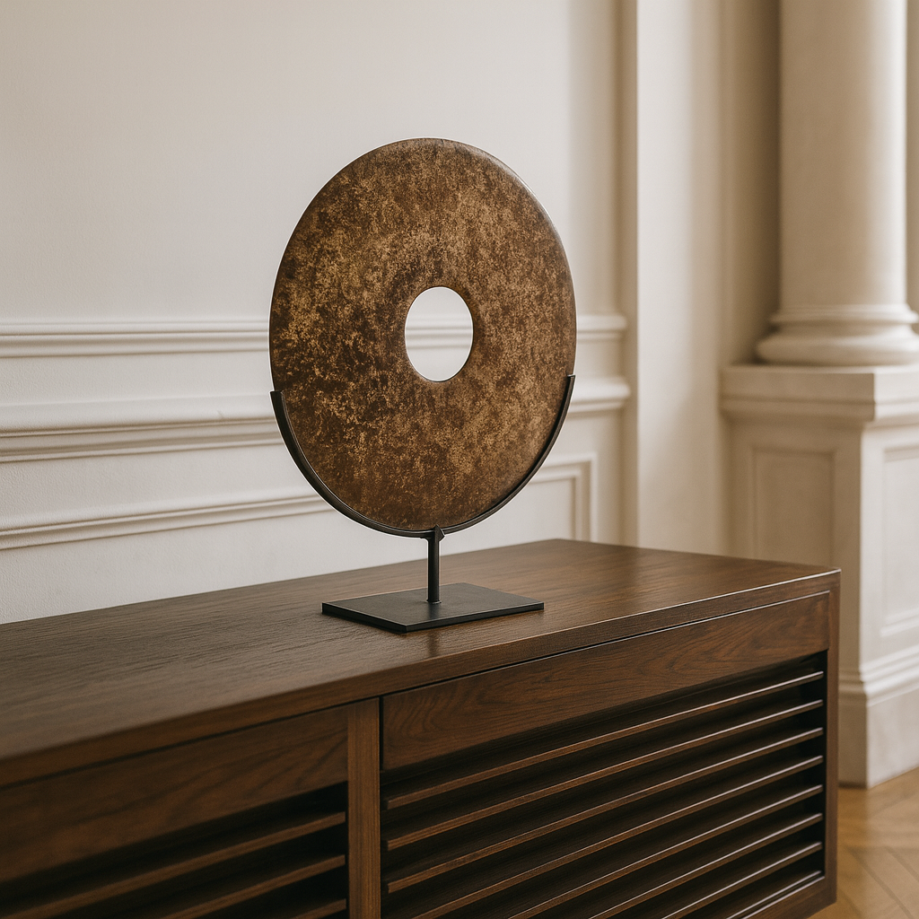 Large decorative Chinese Bi Disc (30cm) with earthy texture, presented on a modern black metal stand