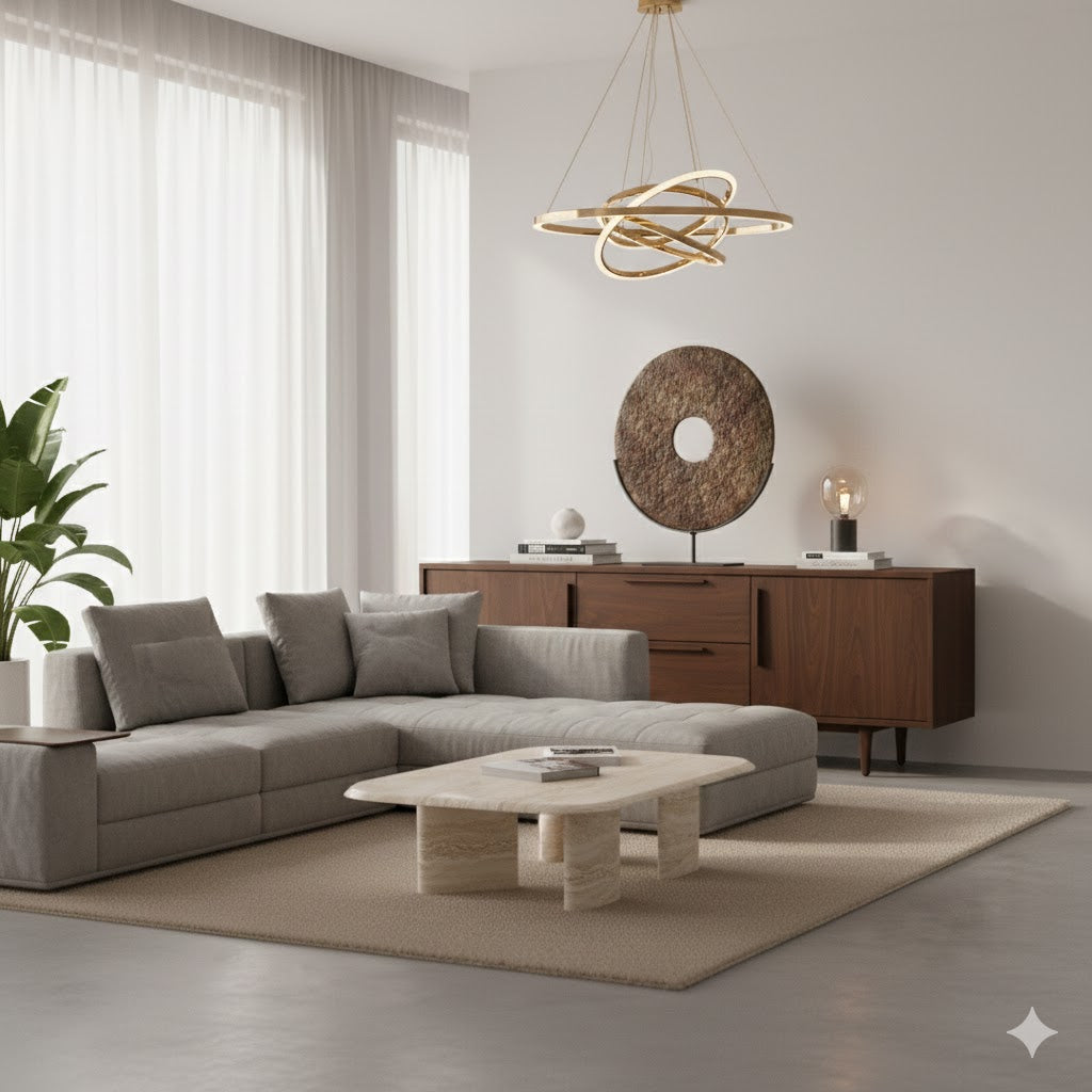 Large decorative Chinese Bi Disc (30cm) with earthy texture, presented on a modern black metal stand