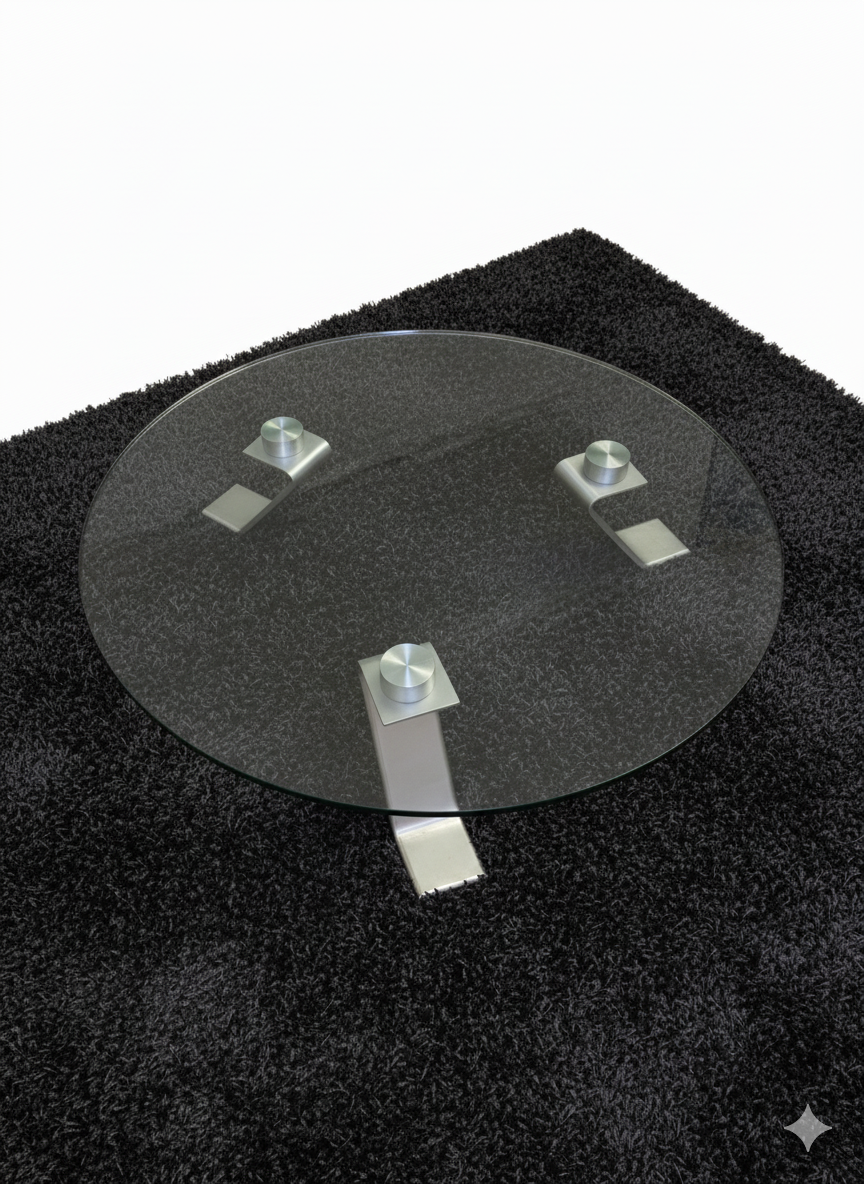 "Clarity" round coffee table (90cm diameter) with a 10mm tempered glass top and a sleek, contemporary brushed steel designer base