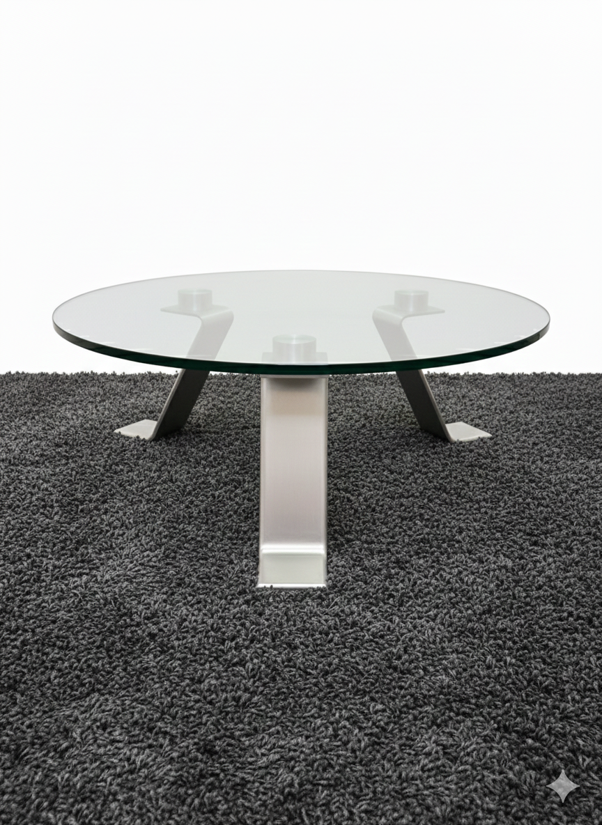 "Clarity" round coffee table (90cm diameter) with a 10mm tempered glass top and a sleek, contemporary brushed steel designer base
