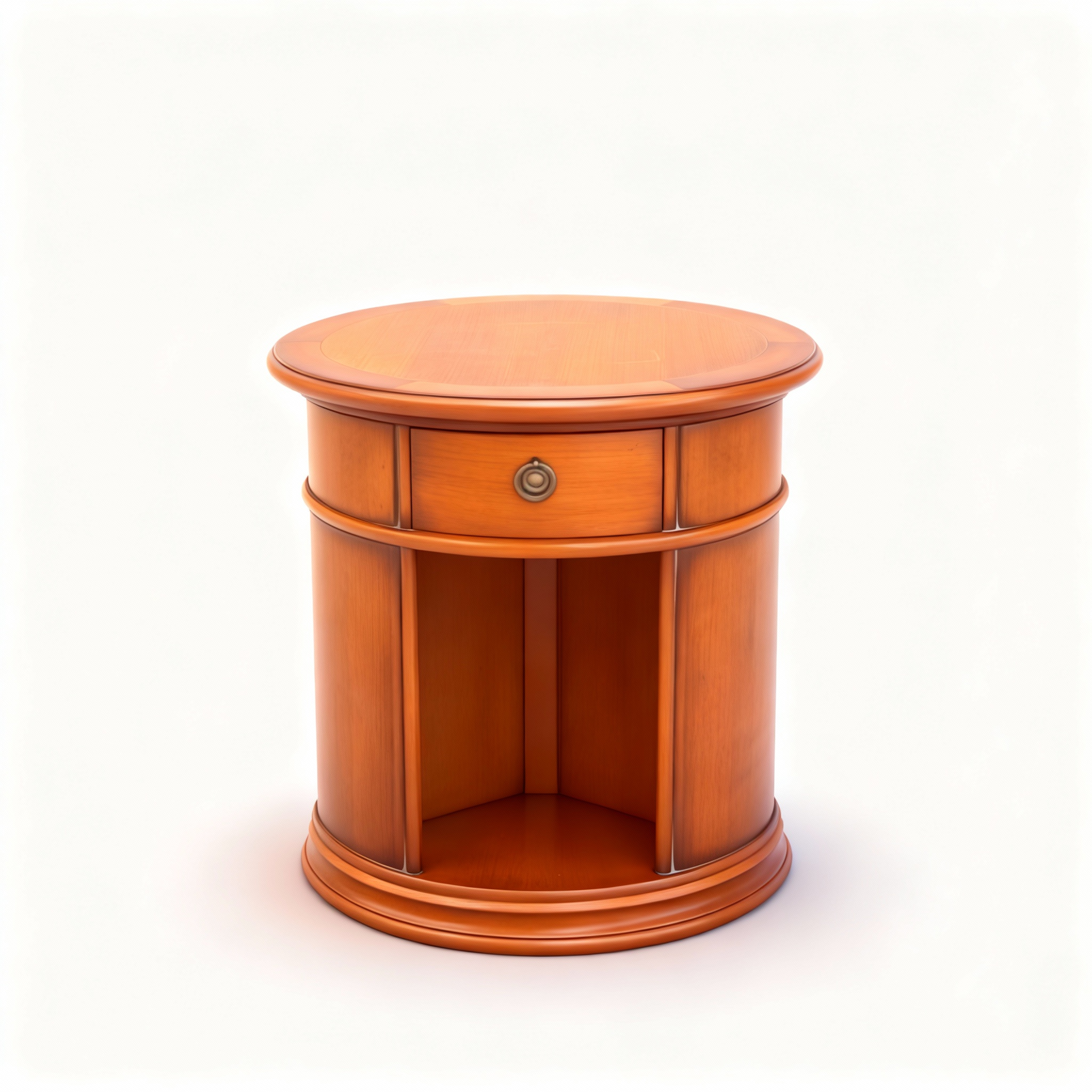 Classic cylindrical accent table (40cm diameter) with a light patina finish, handcrafted by French cabinetmakers, perfect for use as a bedside table