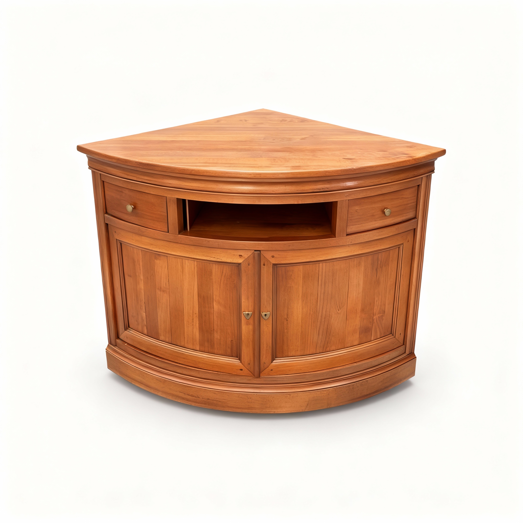 Classic Oak" corner TV cabinet (120x86x84cm) in a warm light wood finish, featuring an open central shelf and two lower storage cupboards