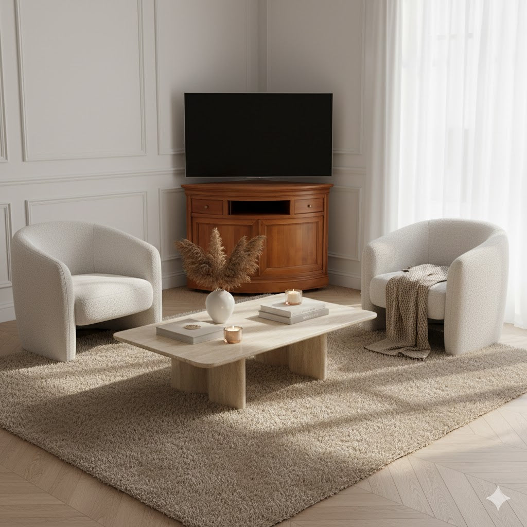 Classic Oak" corner TV cabinet (120x86x84cm) in a warm light wood finish, featuring an open central shelf and two lower storage cupboards