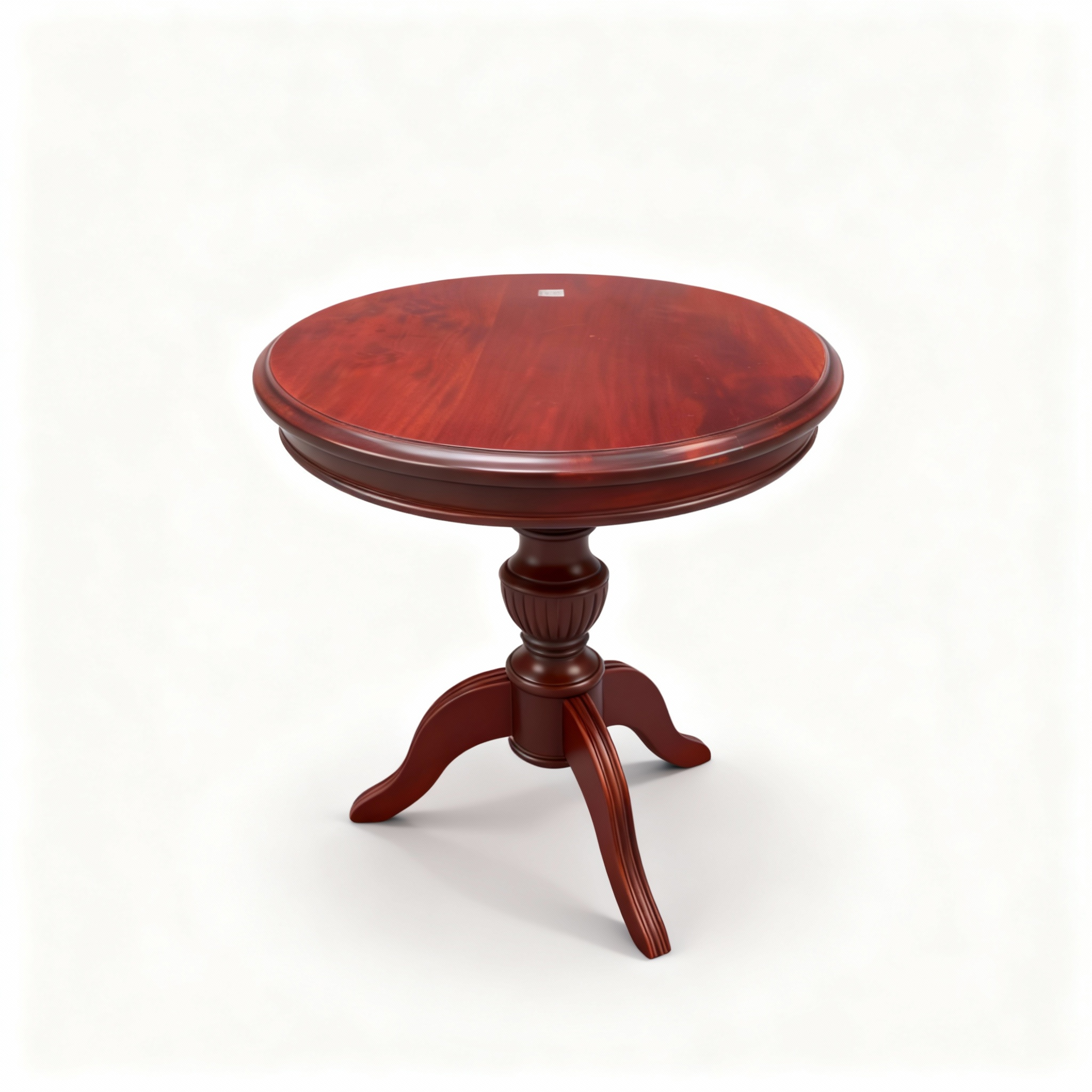 Charming small round side table with a rich mahogany/cherry-toned top, supported by a beautifully sculpted central pedestal and three curved legs