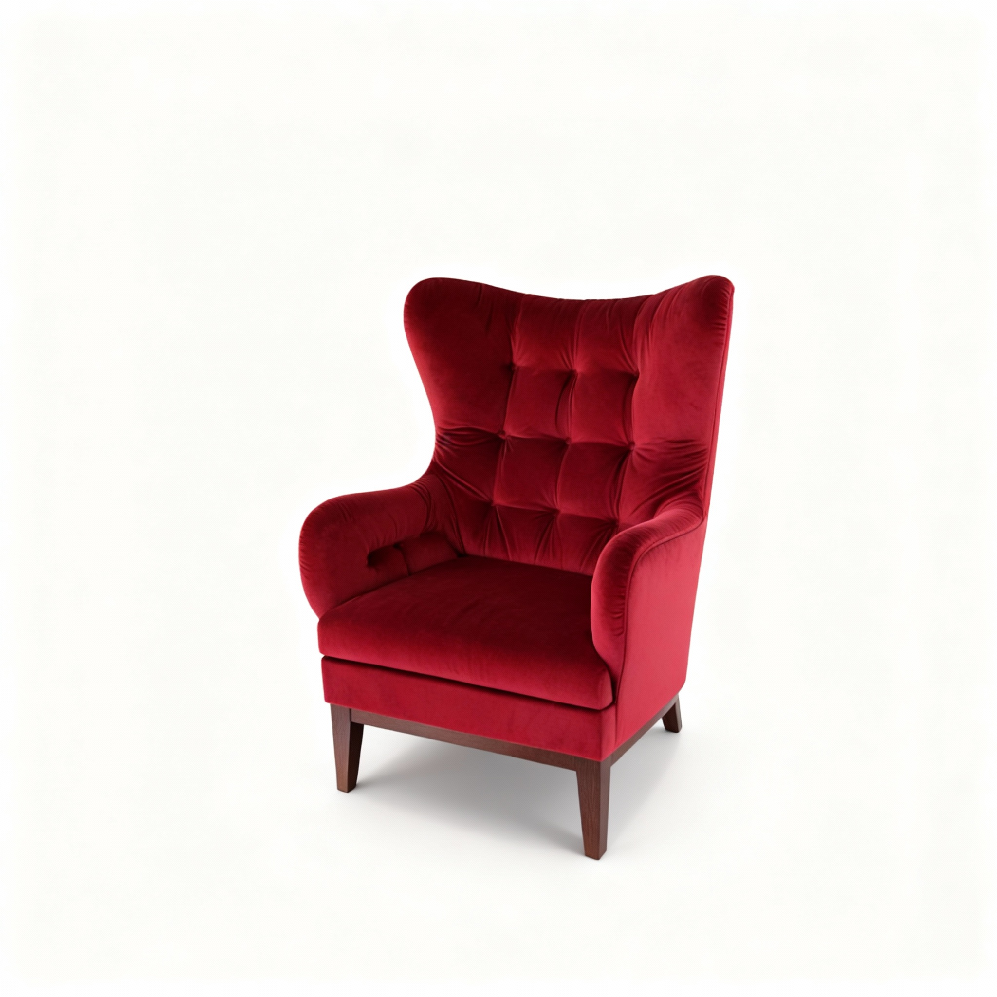 Majestic "Cleo" wingback armchair upholstered in rich Cardinal Red velvet, featuring deep button tufting and elegant dark stained wooden tapered legs.