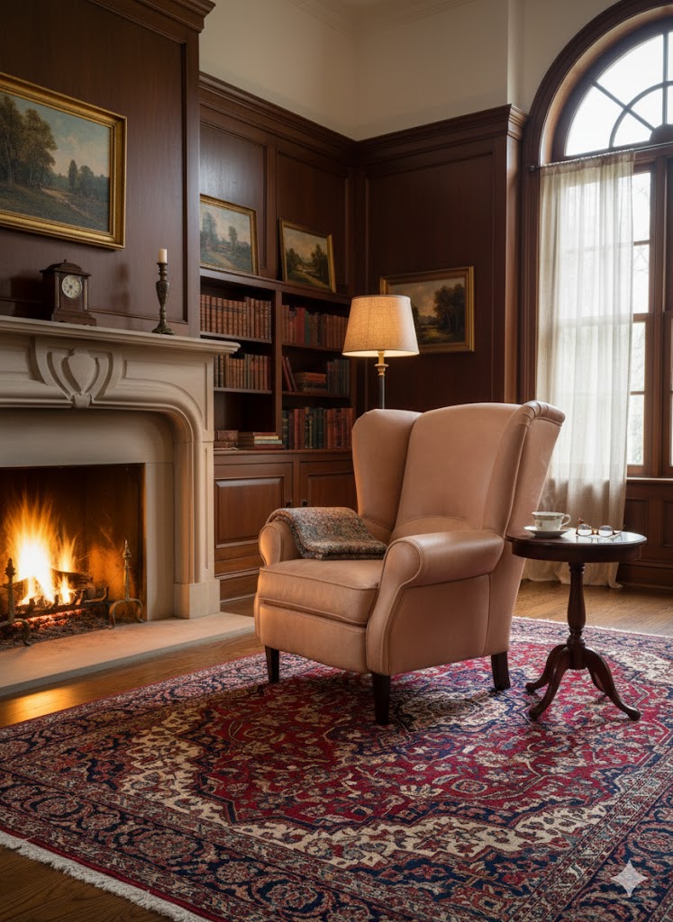 "Clint" luxury wing chair (85x90x102cm) upholstered in full-grain leather, featuring a robust wooden frame and a blend of Bultex and feather filling for ultimate comfort