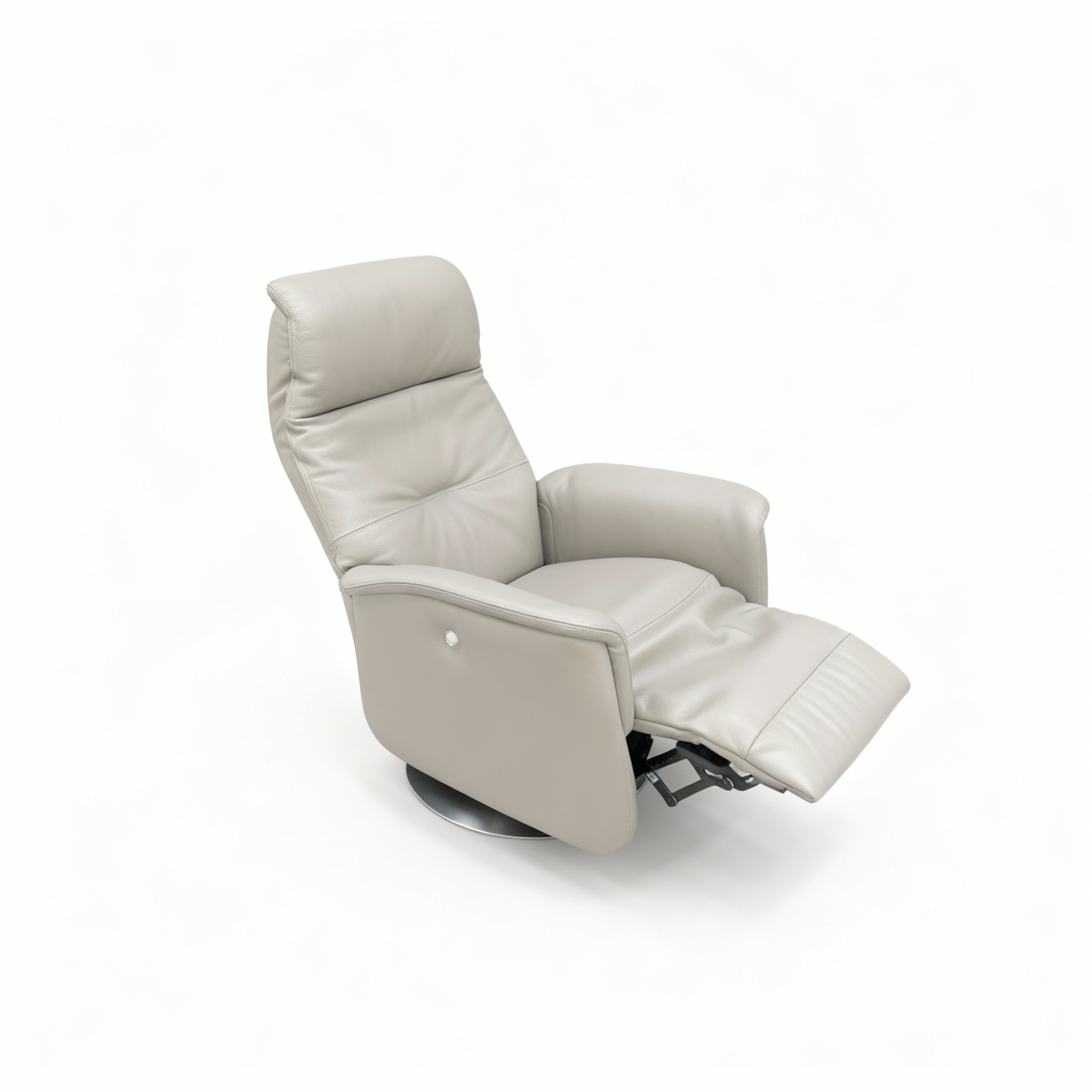 Modern "Cloud" recliner armchair upholstered in smooth pearl-grey genuine leather, featuring an adjustable headrest and a discreet brushed metal 360° swivel base.