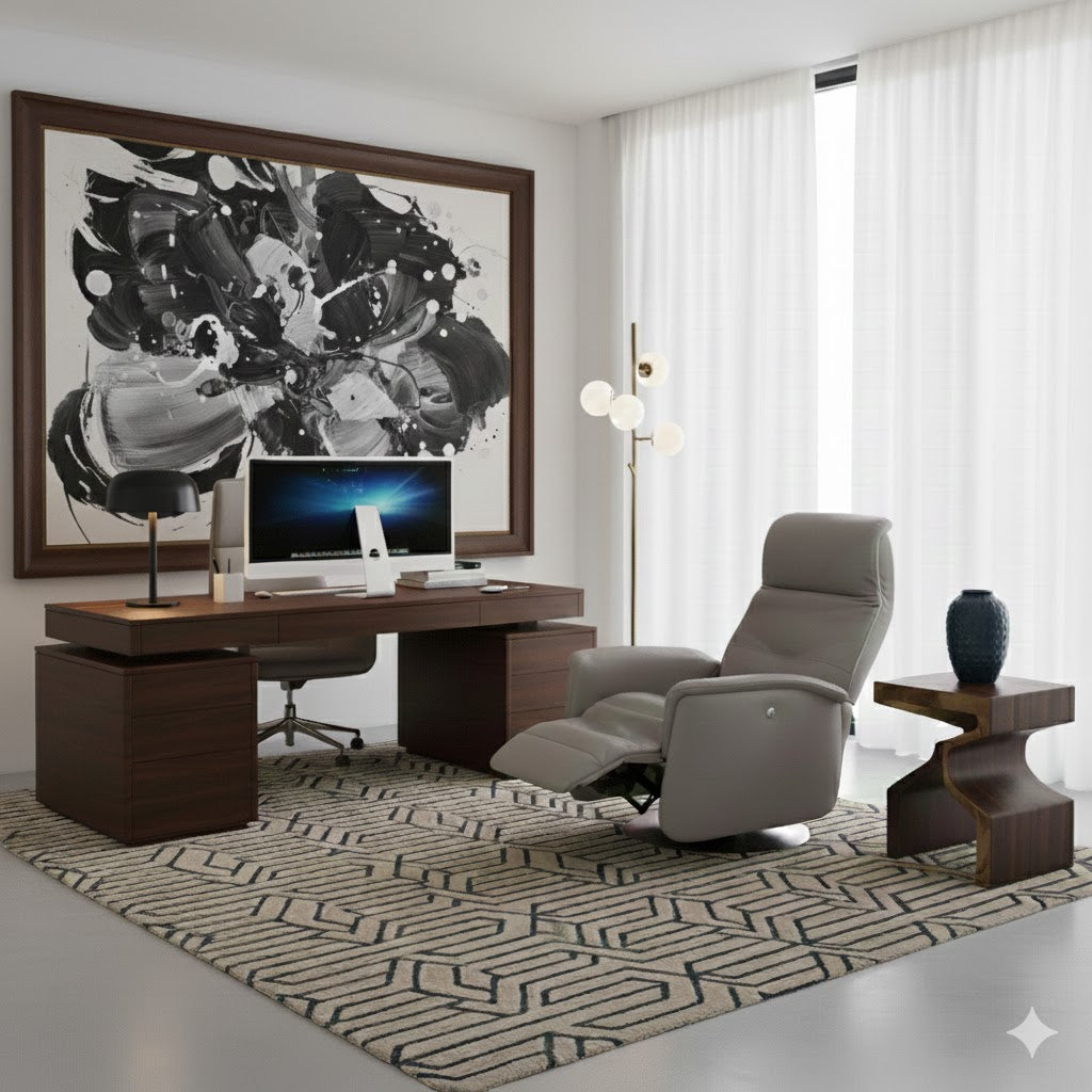 Modern "Cloud" recliner armchair upholstered in smooth pearl-grey genuine leather, featuring an adjustable headrest and a discreet brushed metal 360° swivel base.