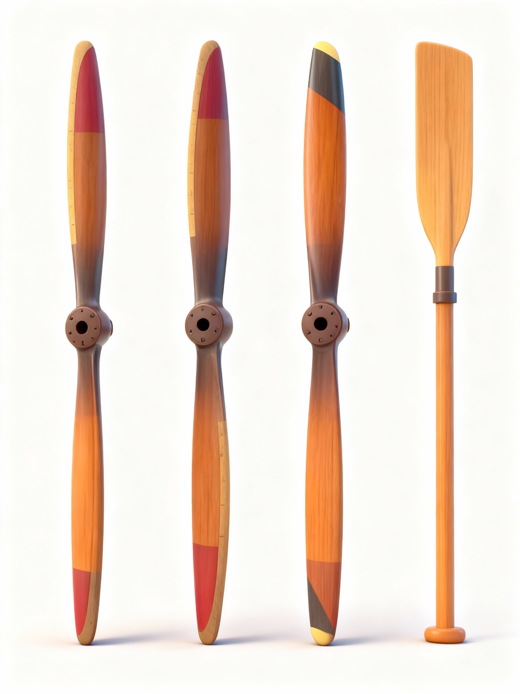 Lot of decorative vintage wood airplane propellers and matching paddle with patinated finish and vibrant colored accents