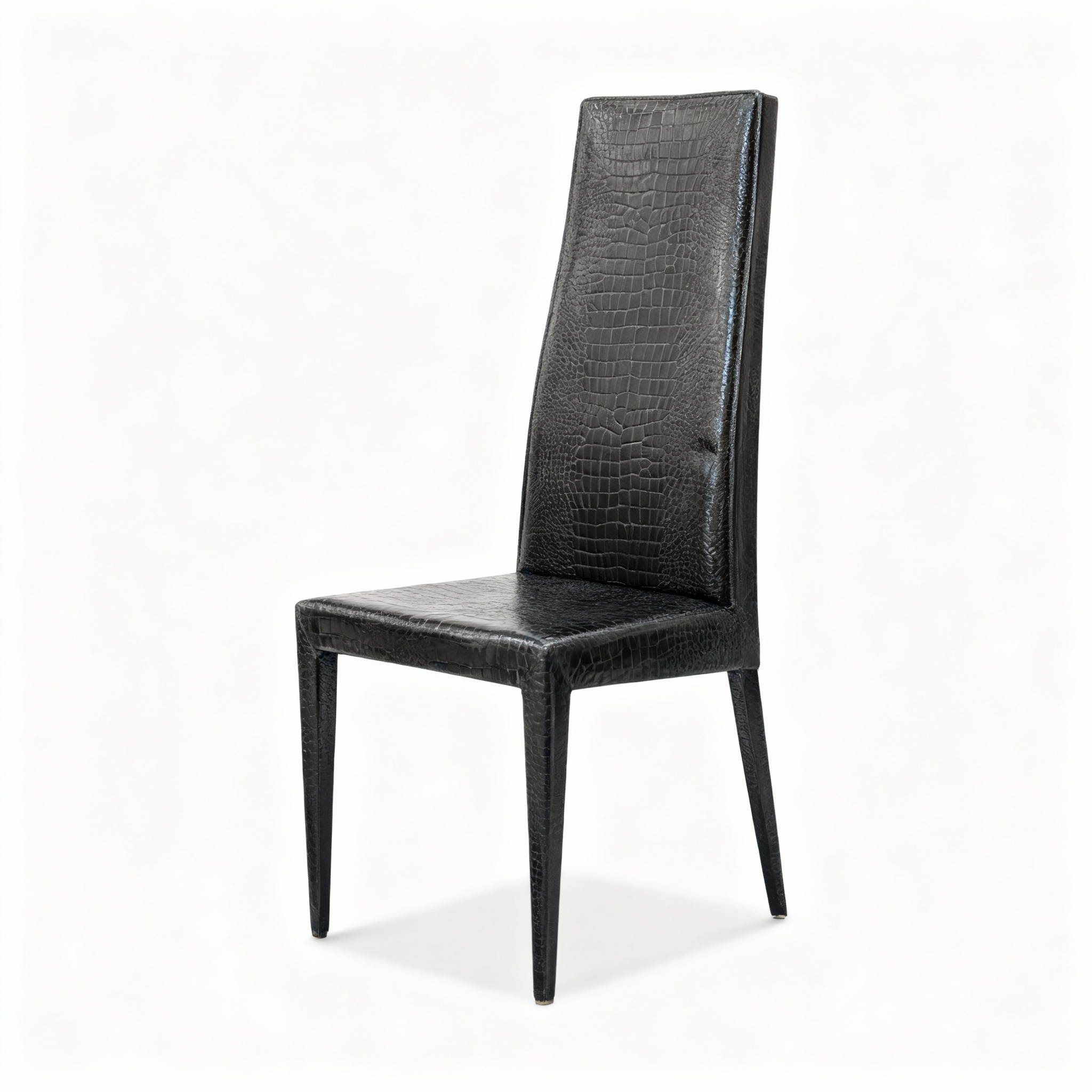 Contemporary dining chair with an ultra-high backrest and sleek lines, fully upholstered in a black crocodile-effect faux leather/fabric.