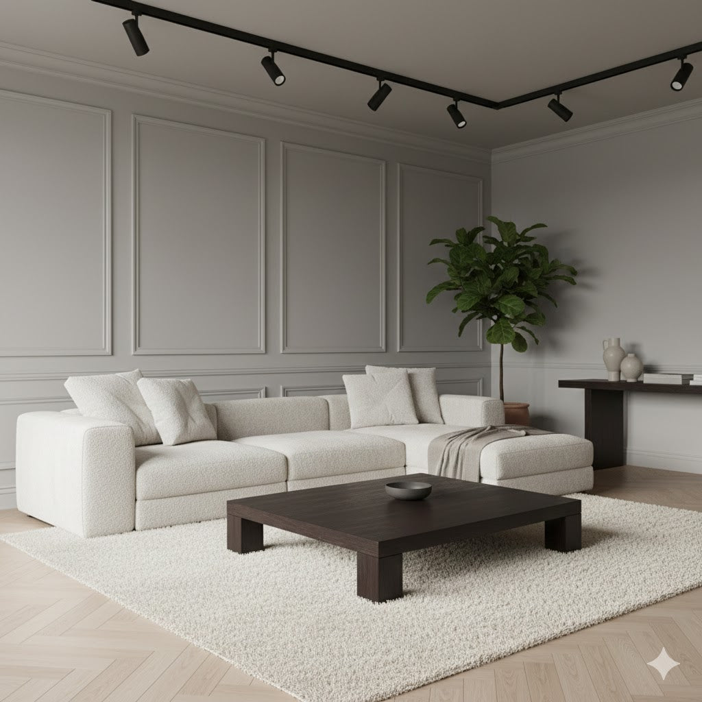 Side view of the low wenge-finish rectangular coffee table