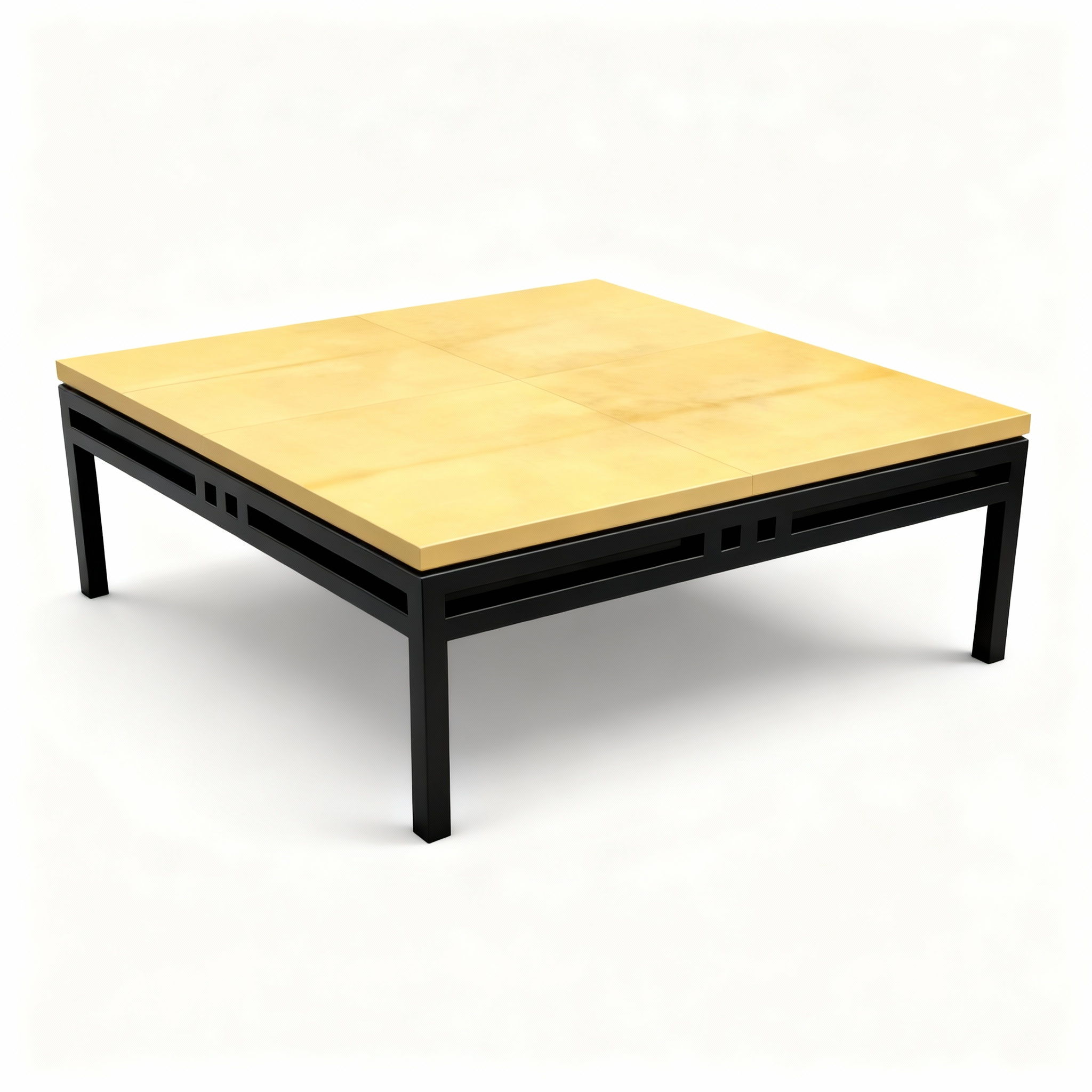 Contemporary square coffee table (110x110cm) featuring a striking contrast between a matte black frame and a luxurious golden or light-toned top