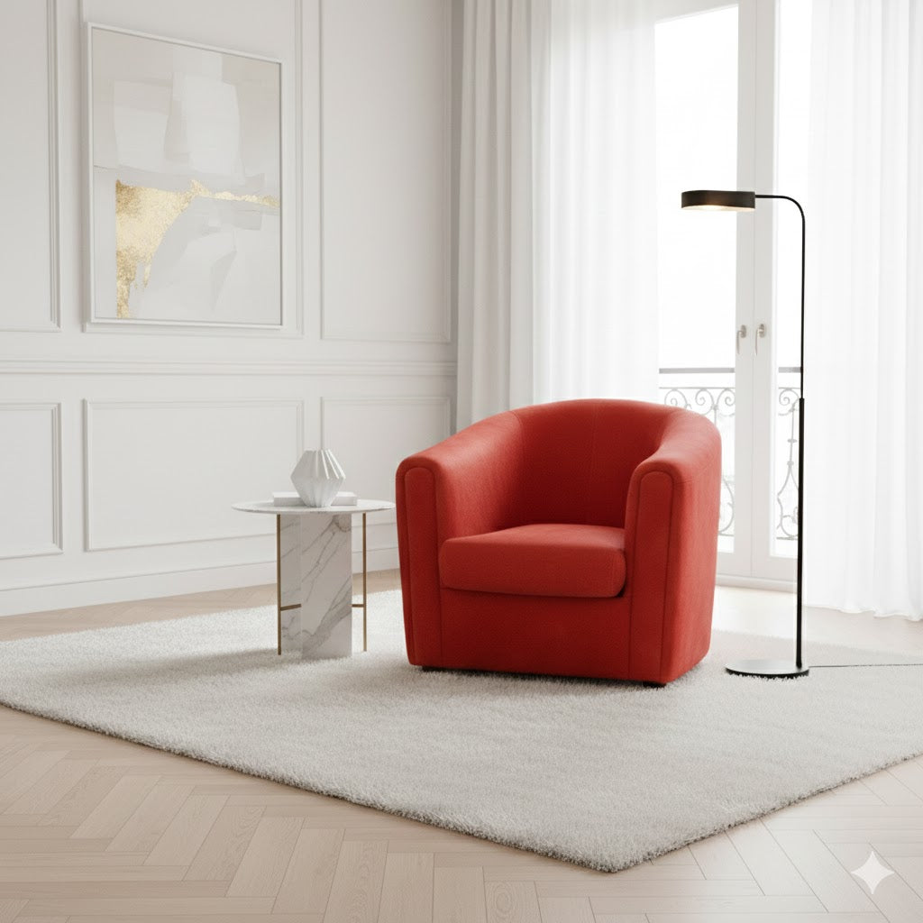 Side view of the coral red nubuck club armchair