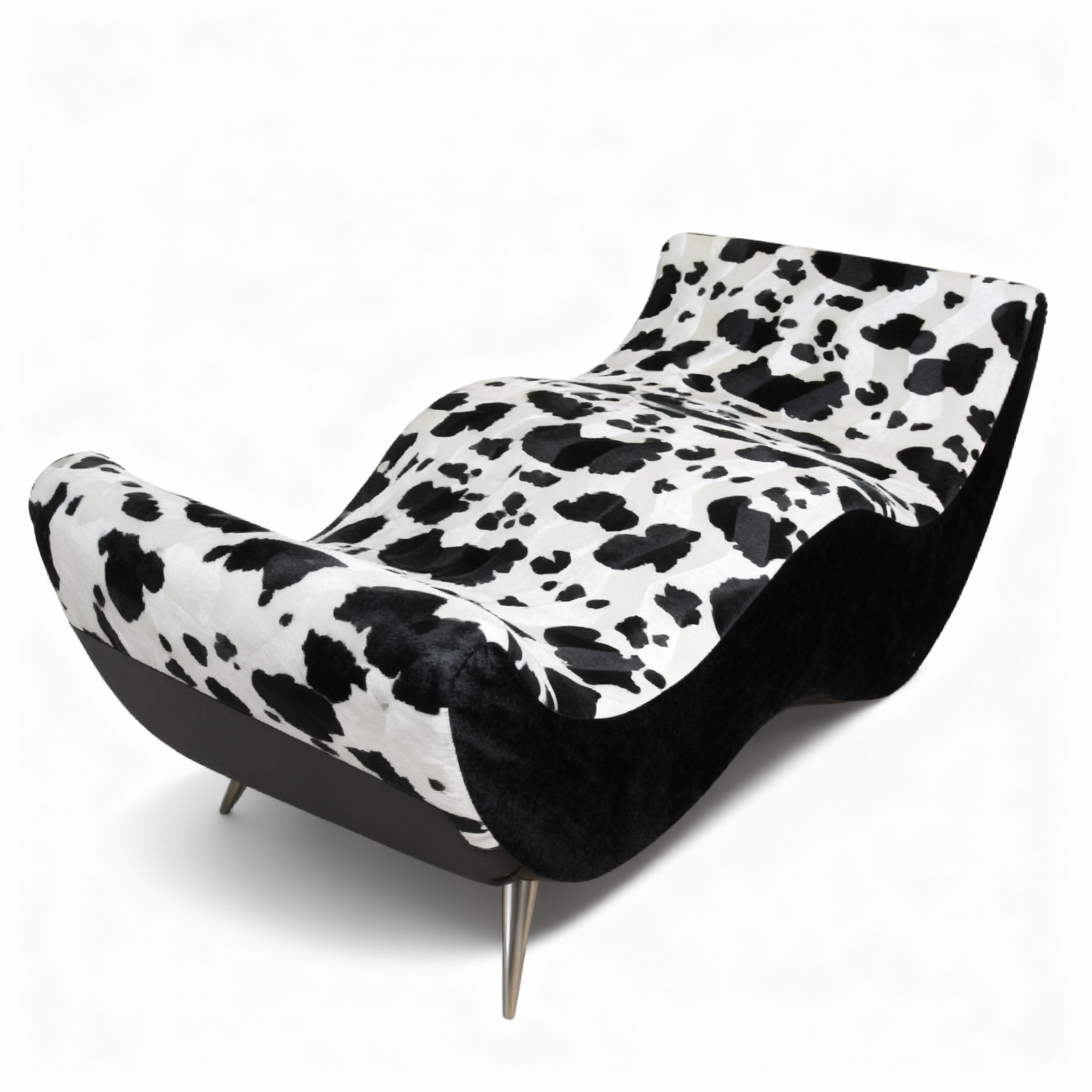 Sculptural "Cow-Print" chaise longue with an ergonomic, sinuous shape, upholstered in a bold black-and-white cowhide patterned velvety fabric, supported by slim chrome metal legs.