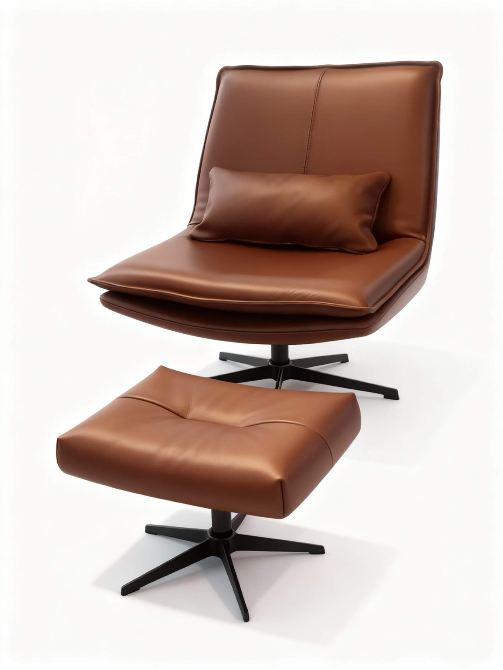 DREAM swivel lounge chair (78cm) and ottoman set in full-grain leather (chocolate or camel), featuring Bultex/feather comfort and a sleek black cross-shaped base