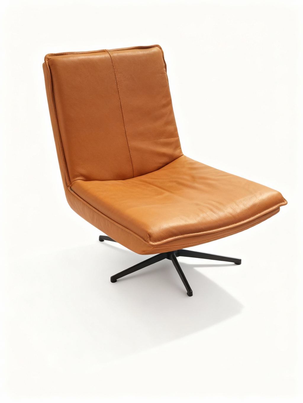 DREAM swivel lounge chair (78cm) and ottoman set in full-grain leather (chocolate or camel), featuring Bultex/feather comfort and a sleek black cross-shaped base