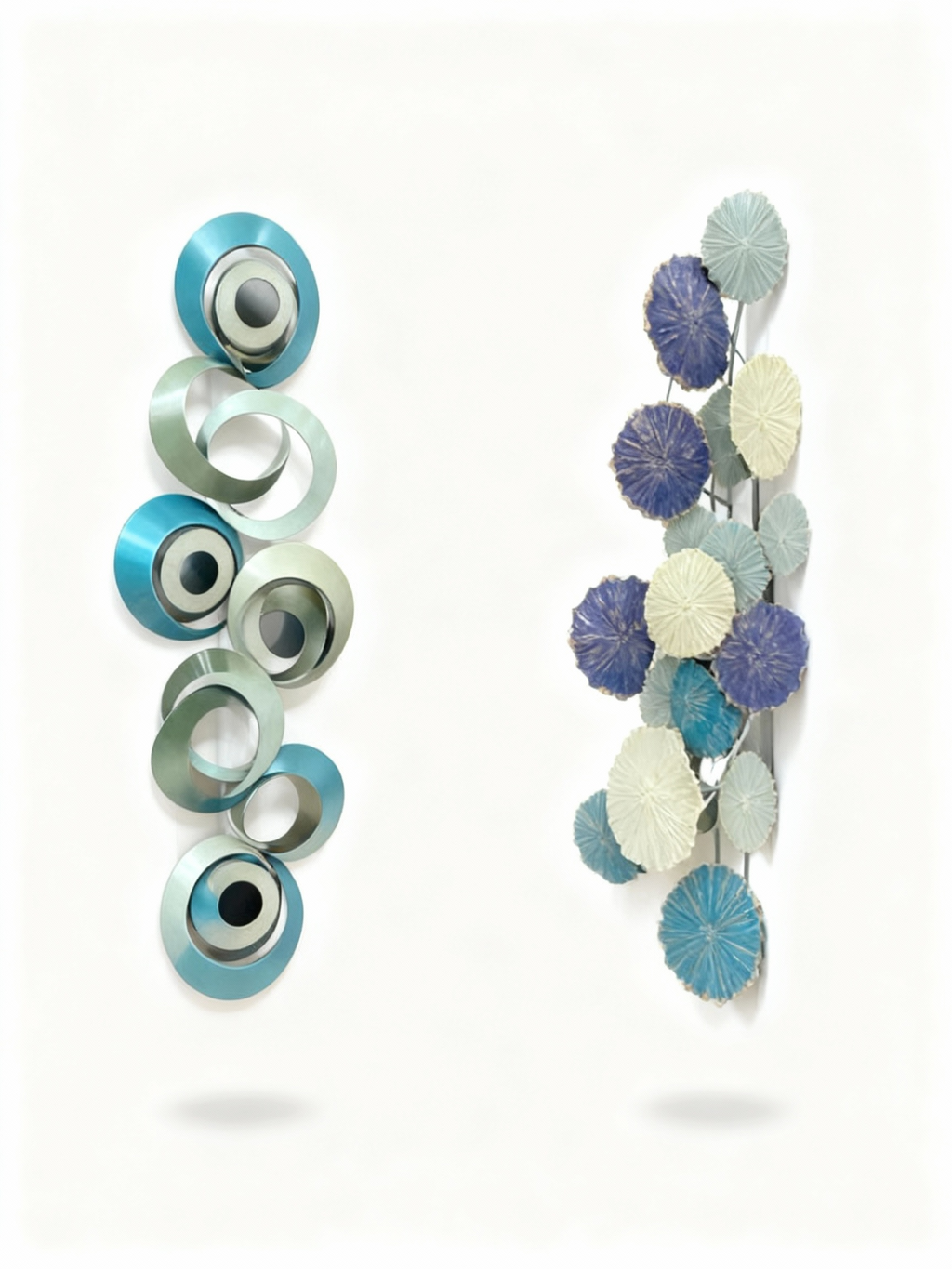 Decorative wall art with circular  designs in pastel  blue , turquoise colors on a white background