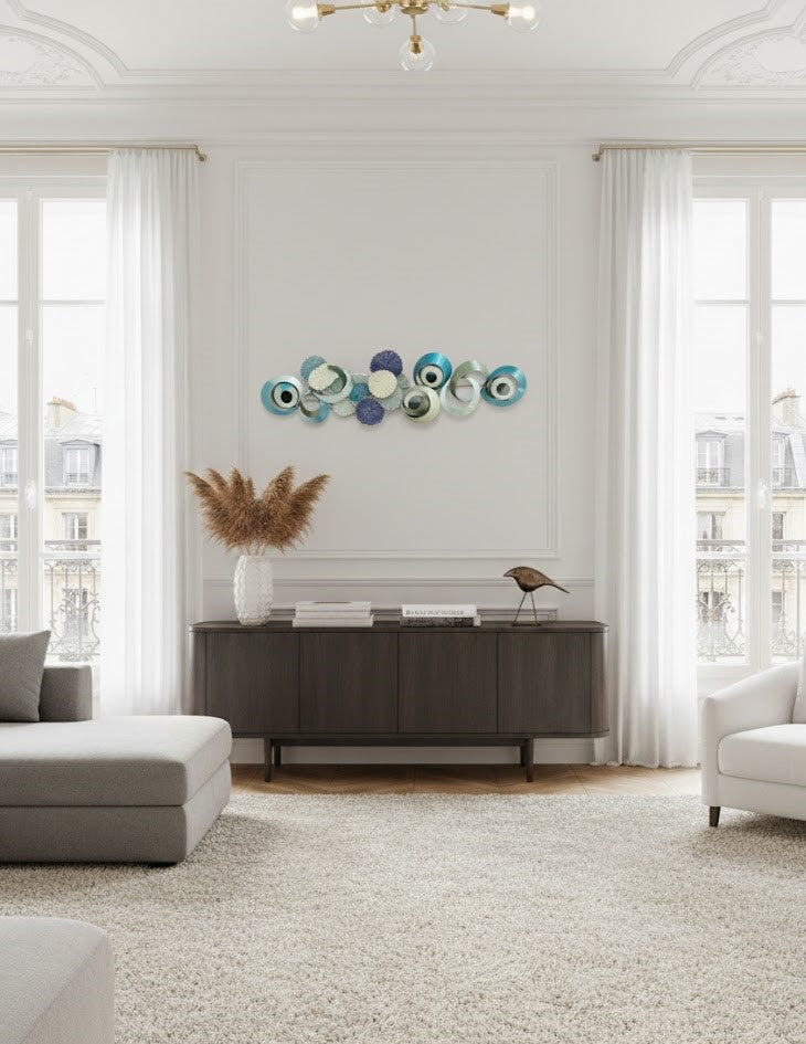 Decorative wall art with circular  designs in pastel  blue , turquoise colors on a white background