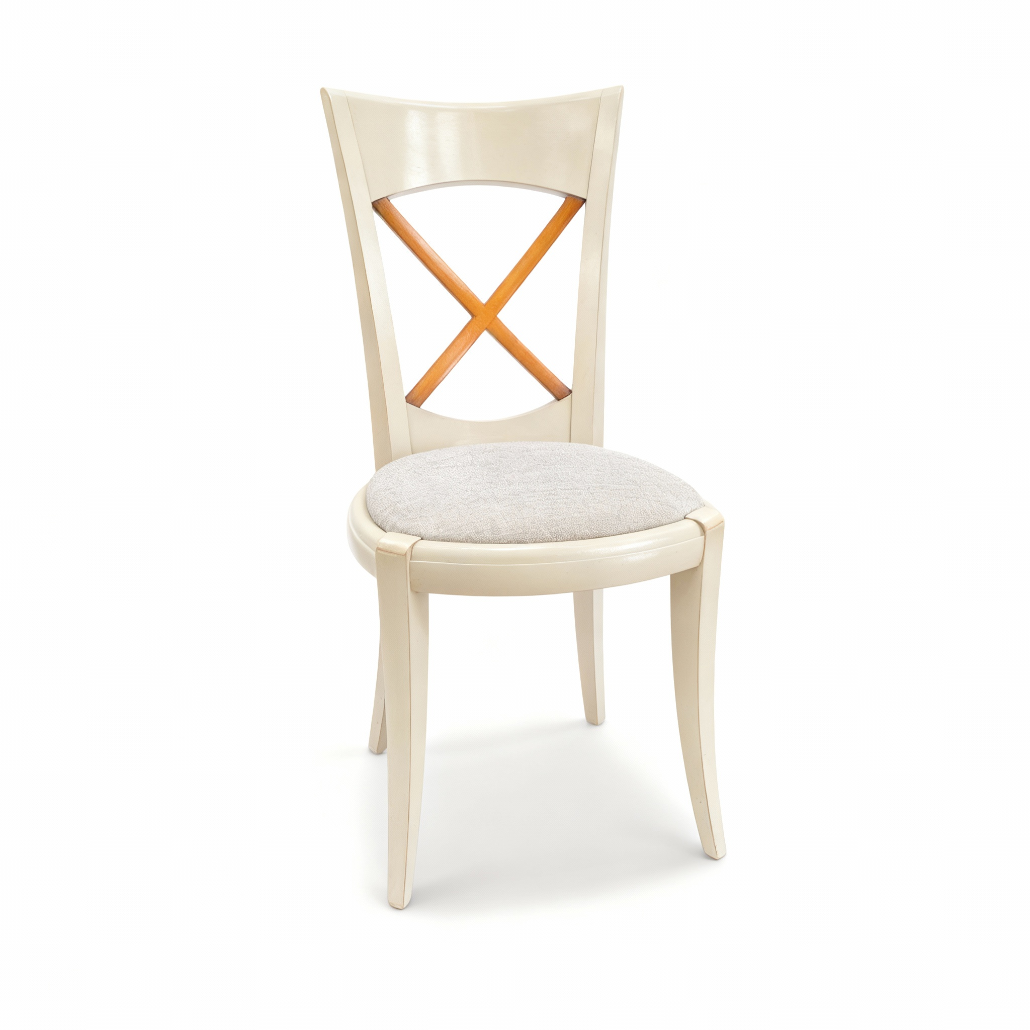 "Denia" dining chair featuring an off-white lacquered frame, a tall crossback design with a natural wood insert, and a light grey upholstered seat.
