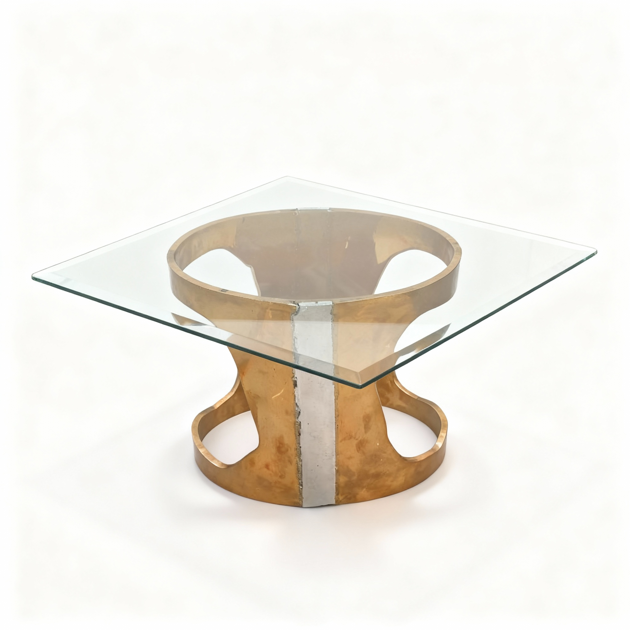 Square coffee table (60x60x38.5cm) with a tempered glass top and a dazzling sculptural base combining brushed steel and golden finishes
