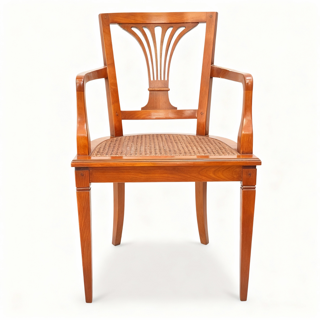  Set of two Directoire chairs: one cherrywood armchair with a cane seat and fan-shaped palmette back, and one two-tone chair with an upholstered seat and reversed backrest.
