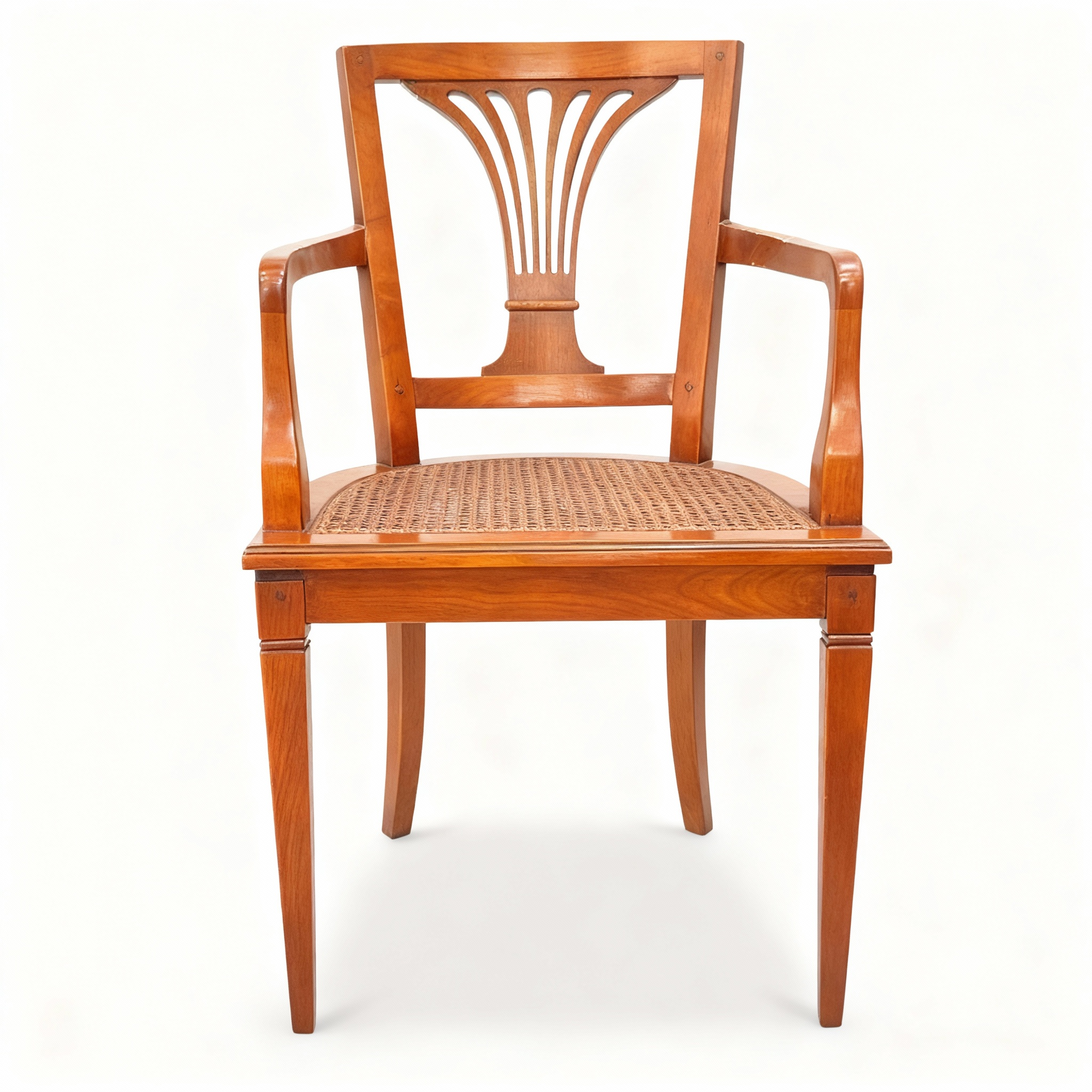  Set of two Directoire chairs: one cherrywood armchair with a cane seat and fan-shaped palmette back, and one two-tone chair with an upholstered seat and reversed backrest.