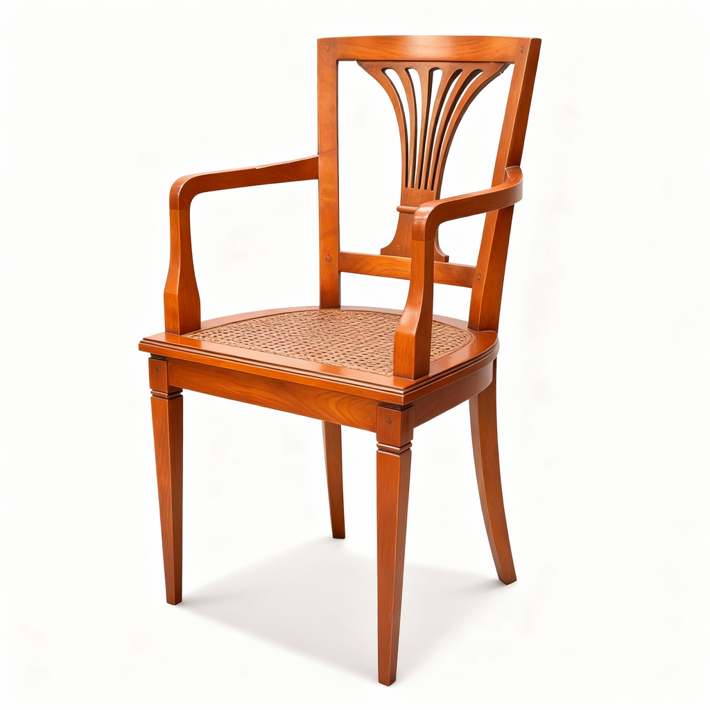 Set of two Directoire chairs: one cherrywood armchair with a cane seat and fan-shaped palmette back, and one two-tone chair with an upholstered seat and reversed backrest.