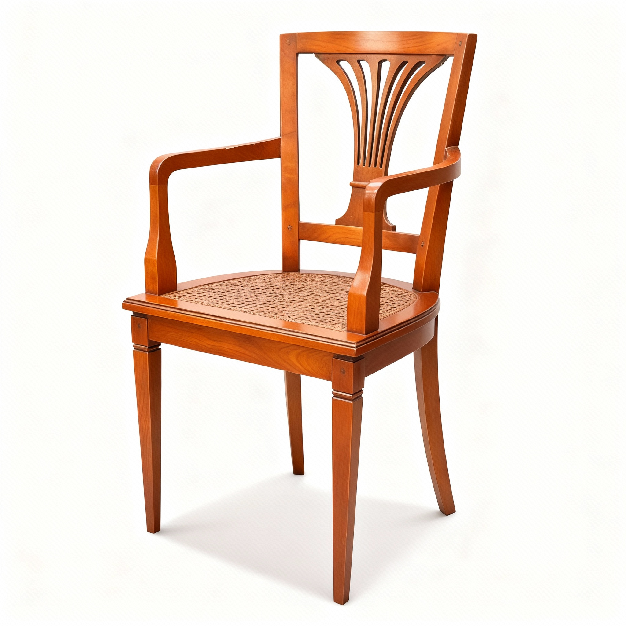 Set of two Directoire chairs: one cherrywood armchair with a cane seat and fan-shaped palmette back, and one two-tone chair with an upholstered seat and reversed backrest.