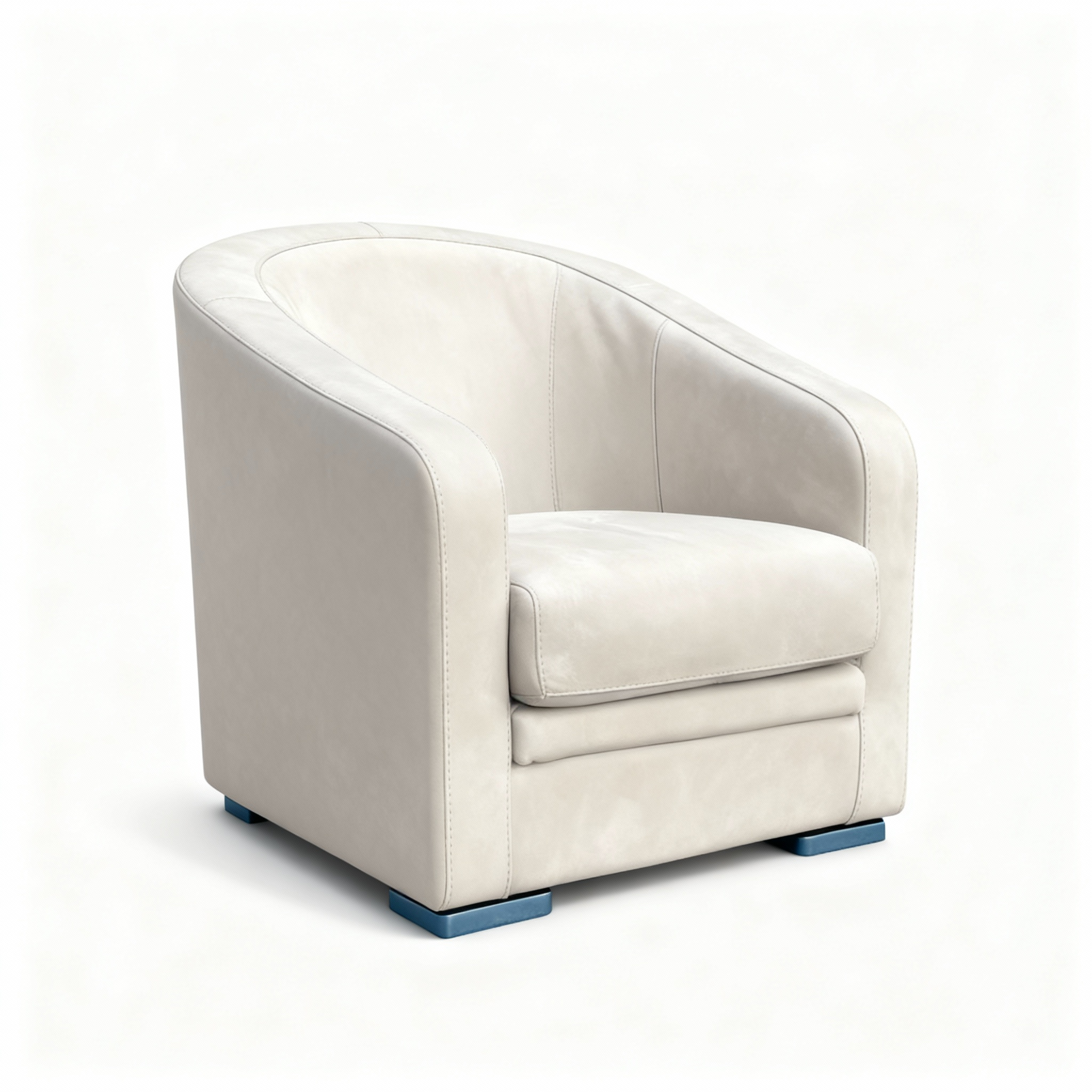Modern "ELBA" club armchair with a curved, enveloping silhouette, upholstered in off-white full-grain leather, featuring tone-on-tone stitching and subtle chrome feet.