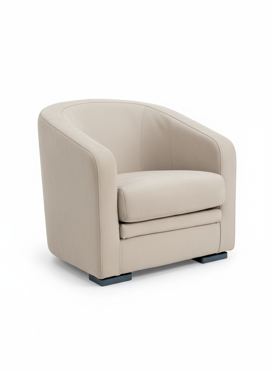 Minimalist "Elba" armchair upholstered in light grey full-grain leather, featuring a rounded, cocoon-like shape and small, contrasting chrome legs.