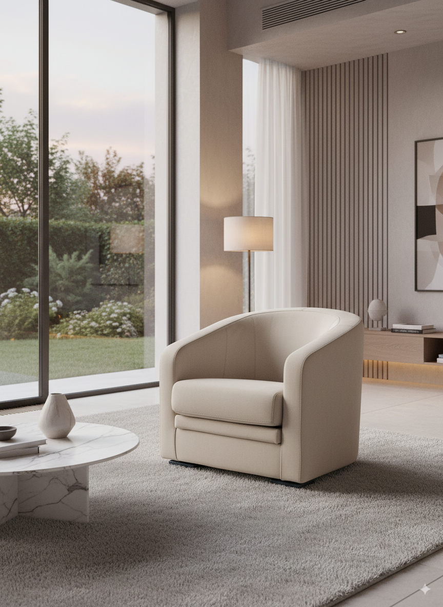 Minimalist "Elba" armchair upholstered in light grey full-grain leather, featuring a rounded, cocoon-like shape and small, contrasting chrome legs.