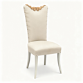 Pair of high-back dining chairs in beige fabric with carved wood sabre legs