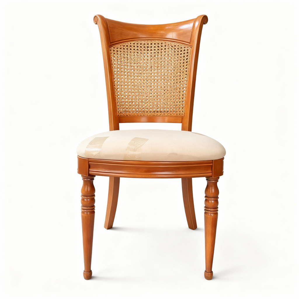 Classic Empire-style dining armchair with a dark wood frame, turned legs, and a hand-woven cane backrest. The padded seat is upholstered in a rich red damask pattern fabric.