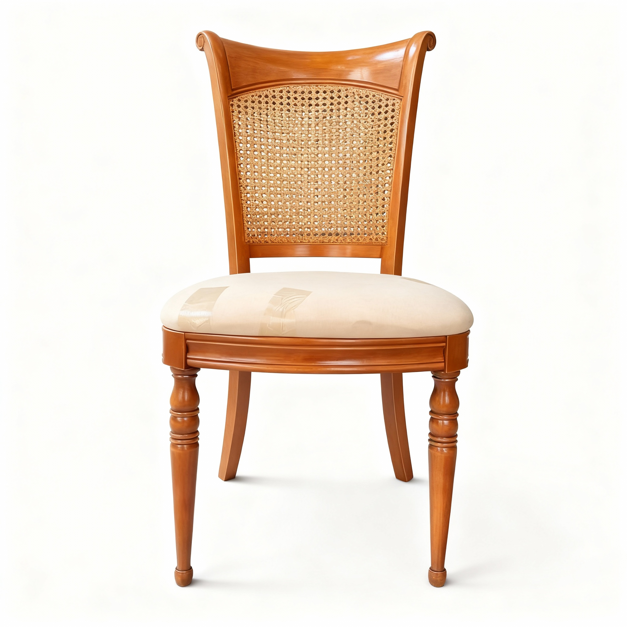 Classic Empire-style dining armchair with a dark wood frame, turned legs, and a hand-woven cane backrest. The padded seat is upholstered in a rich red damask pattern fabric.