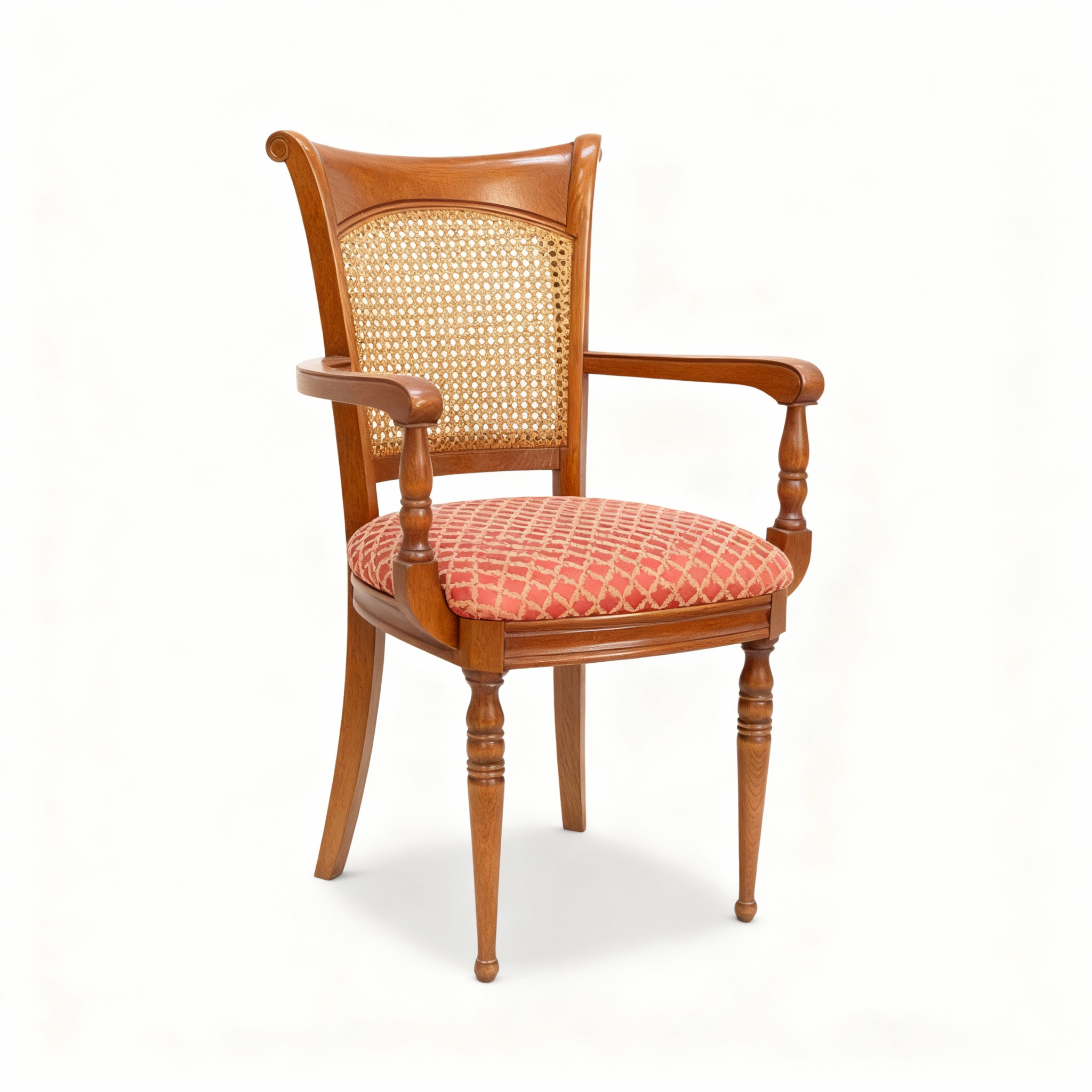 Classic Empire-style dining armchair with a dark wood frame, turned legs, and a hand-woven cane backrest. The padded seat is upholstered in a rich red damask pattern fabric.