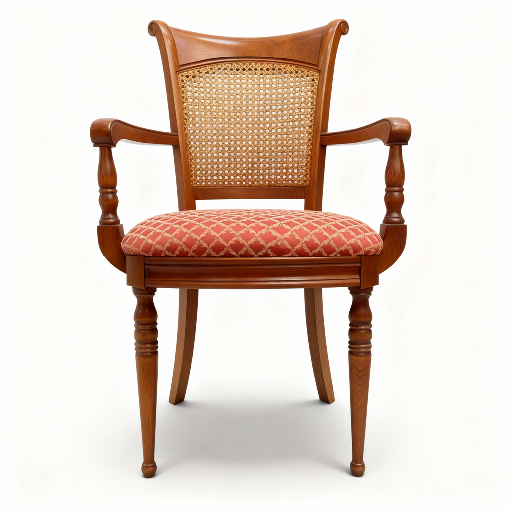 Classic Empire-style dining armchair with a dark wood frame, turned legs, and a hand-woven cane backrest. The padded seat is upholstered in a rich red damask pattern fabric.