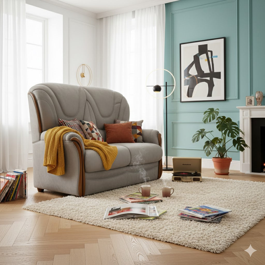 "Emylie" 2-seater sofa with a high, contoured backrest, upholstered in soft grey-taupe microfiber, and featuring curved lacquered wood inserts on the armrests.