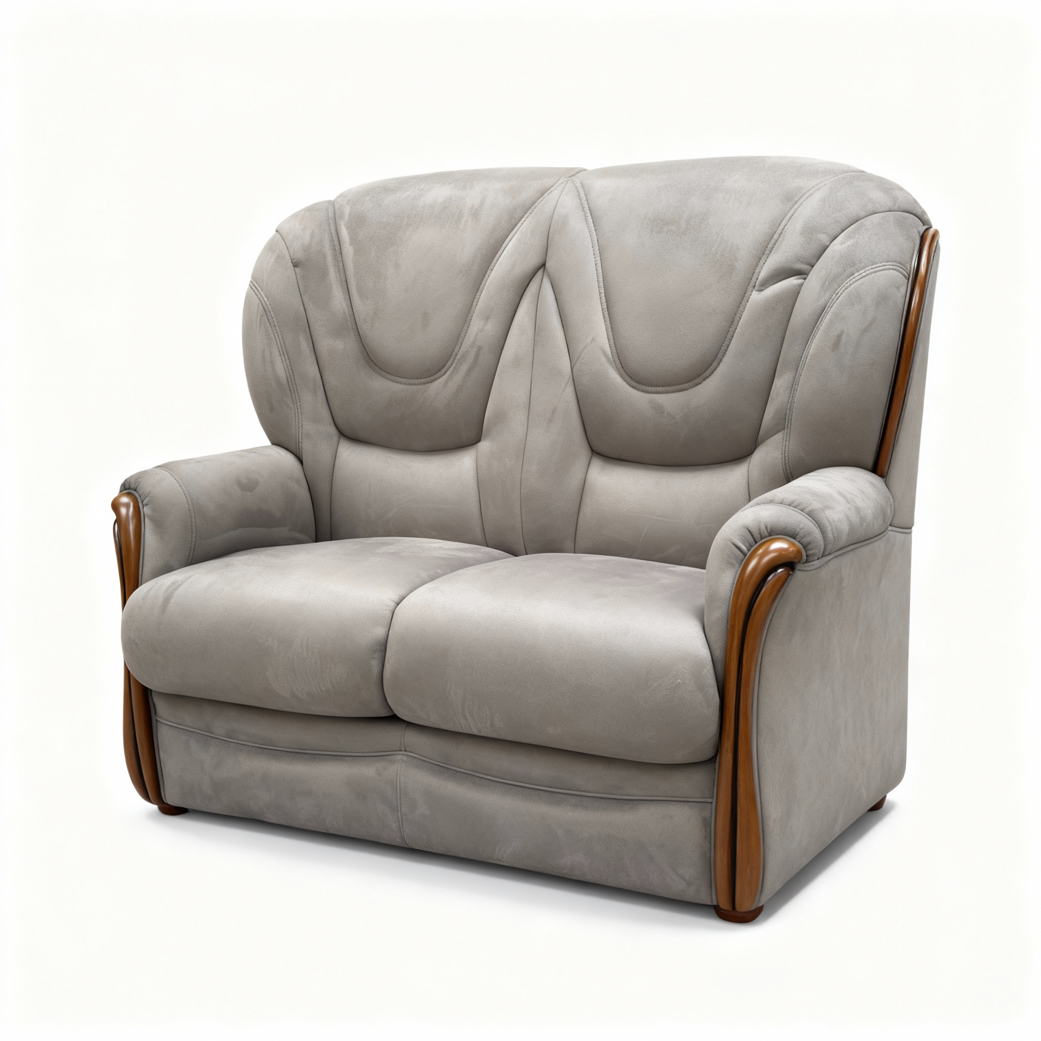 "Emylie" 2-seater sofa with a high, contoured backrest, upholstered in soft grey-taupe microfiber, and featuring curved lacquered wood inserts on the armrests.