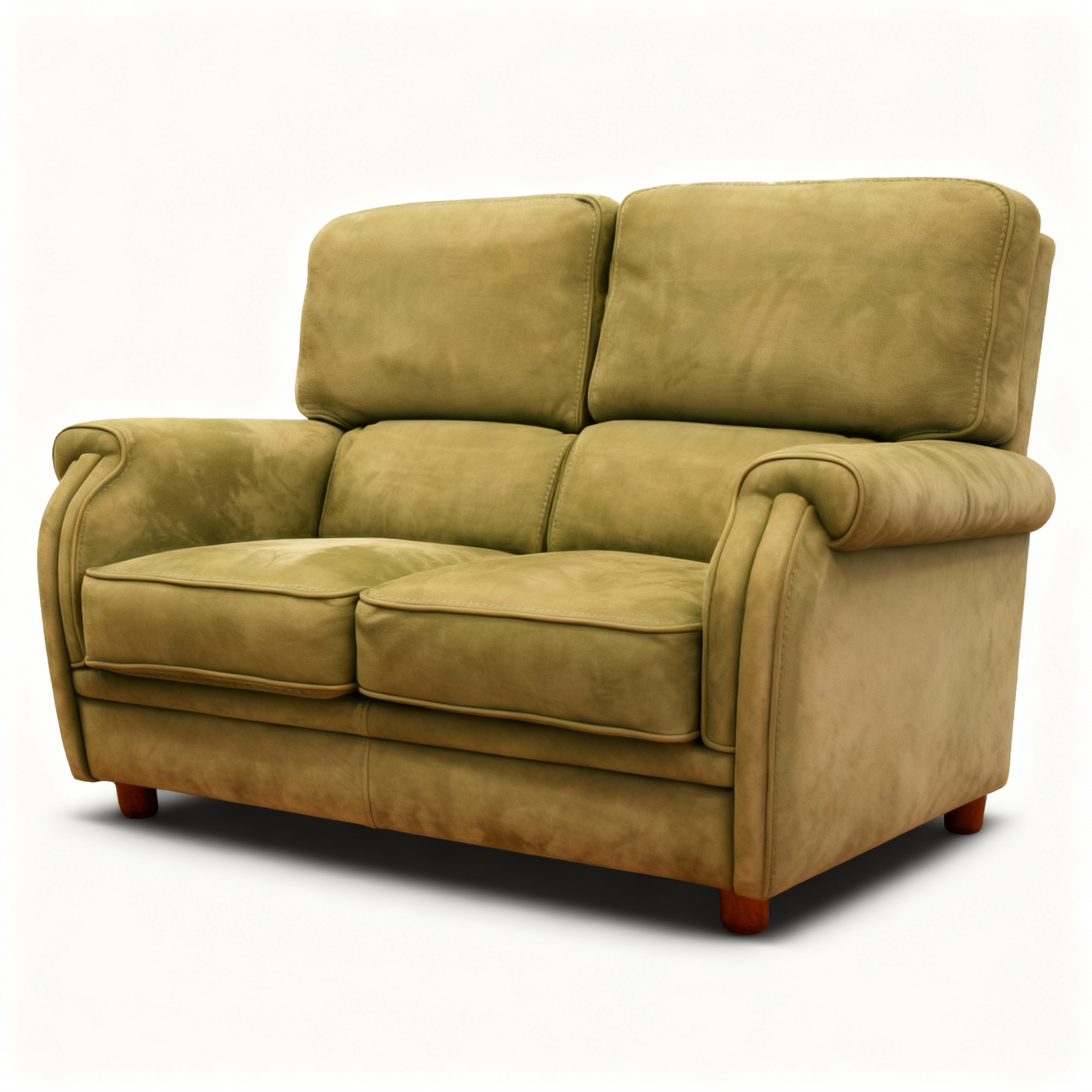 Ergonomic "Ergo-Chic" 2-seater sofa with a high, structured backrest for lumbar support, upholstered in soft olive-green nubuck leather, featuring curved padded armrests.