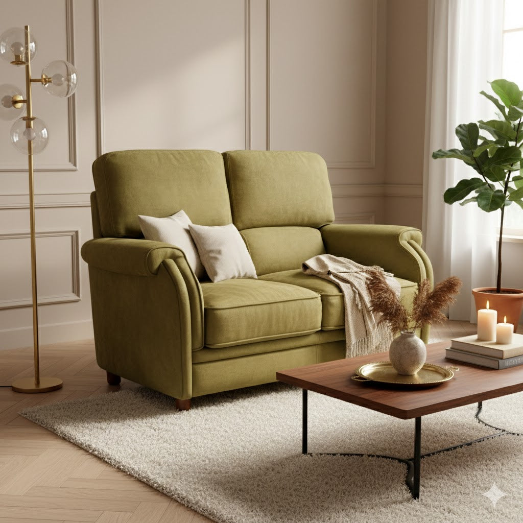 Ergonomic "Ergo-Chic" 2-seater sofa with a high, structured backrest for lumbar support, upholstered in soft olive-green nubuck leather, featuring curved padded armrests.