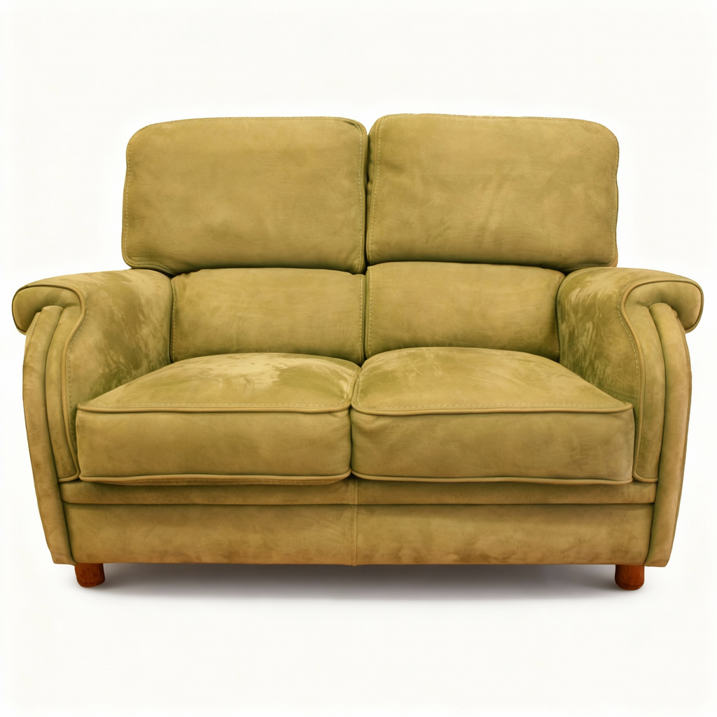 Ergonomic "Ergo-Chic" 2-seater sofa with a high, structured backrest for lumbar support, upholstered in soft olive-green nubuck leather, featuring curved padded armrests.