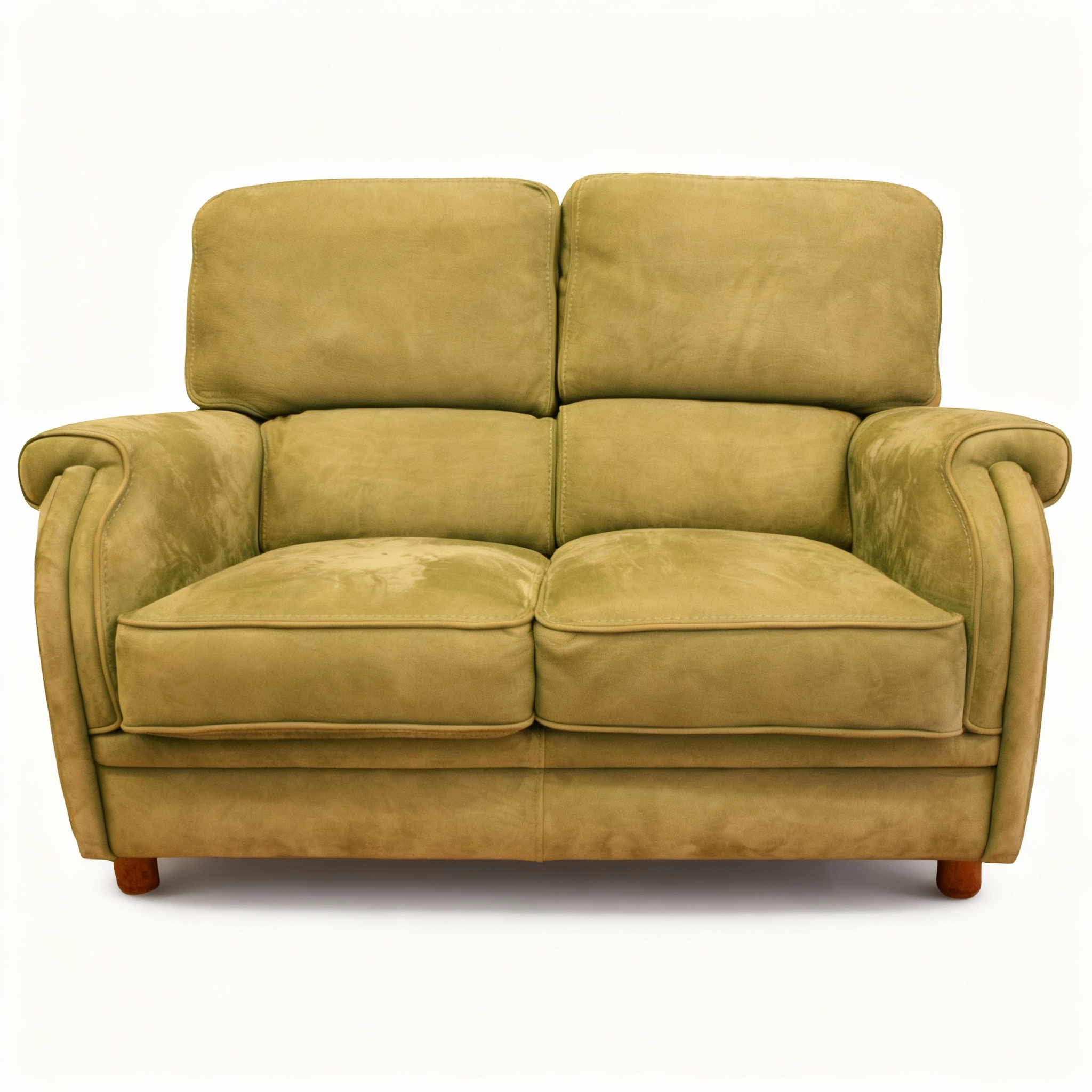 Ergonomic "Ergo-Chic" 2-seater sofa with a high, structured backrest for lumbar support, upholstered in soft olive-green nubuck leather, featuring curved padded armrests.
