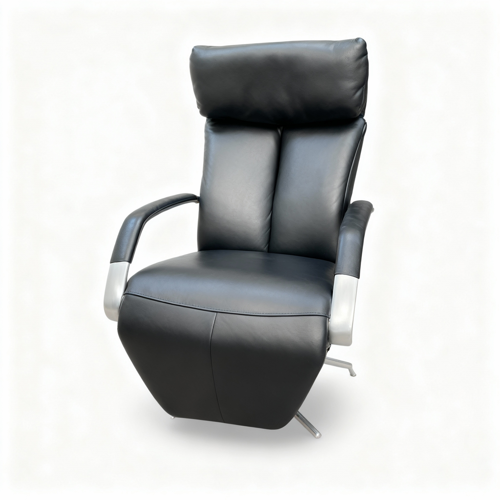 Sleek "Executive High-Tech" electric recliner armchair upholstered in black genuine leather, featuring a high backrest and brushed metal armrests and base.