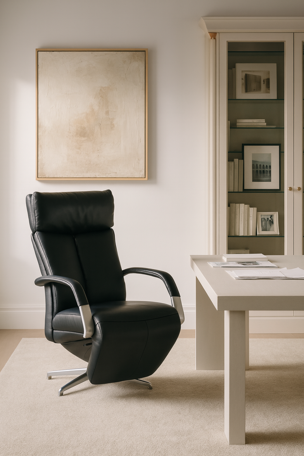 Sleek "Executive High-Tech" electric recliner armchair upholstered in black genuine leather, featuring a high backrest and brushed metal armrests and base.